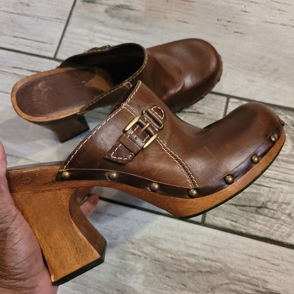 MIA Women's 10 Brown Leather studded heeled mules clogs bohemian hippie retro - Picture 11 of 13